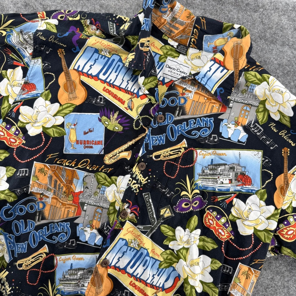 David Carey New Orleans Shirt Mens XL Black Mardi Gras French Quarter Postcard